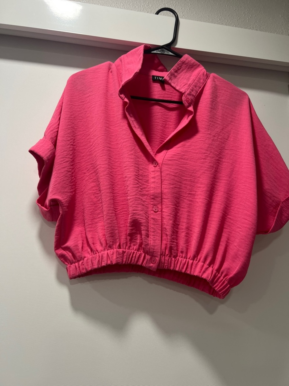 Fuchsia Cropped Button-Down Shirt with Elastic Hem